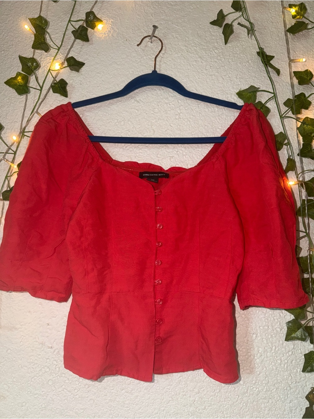 Something Navy Red Puff-Sleeve Button-Front Top